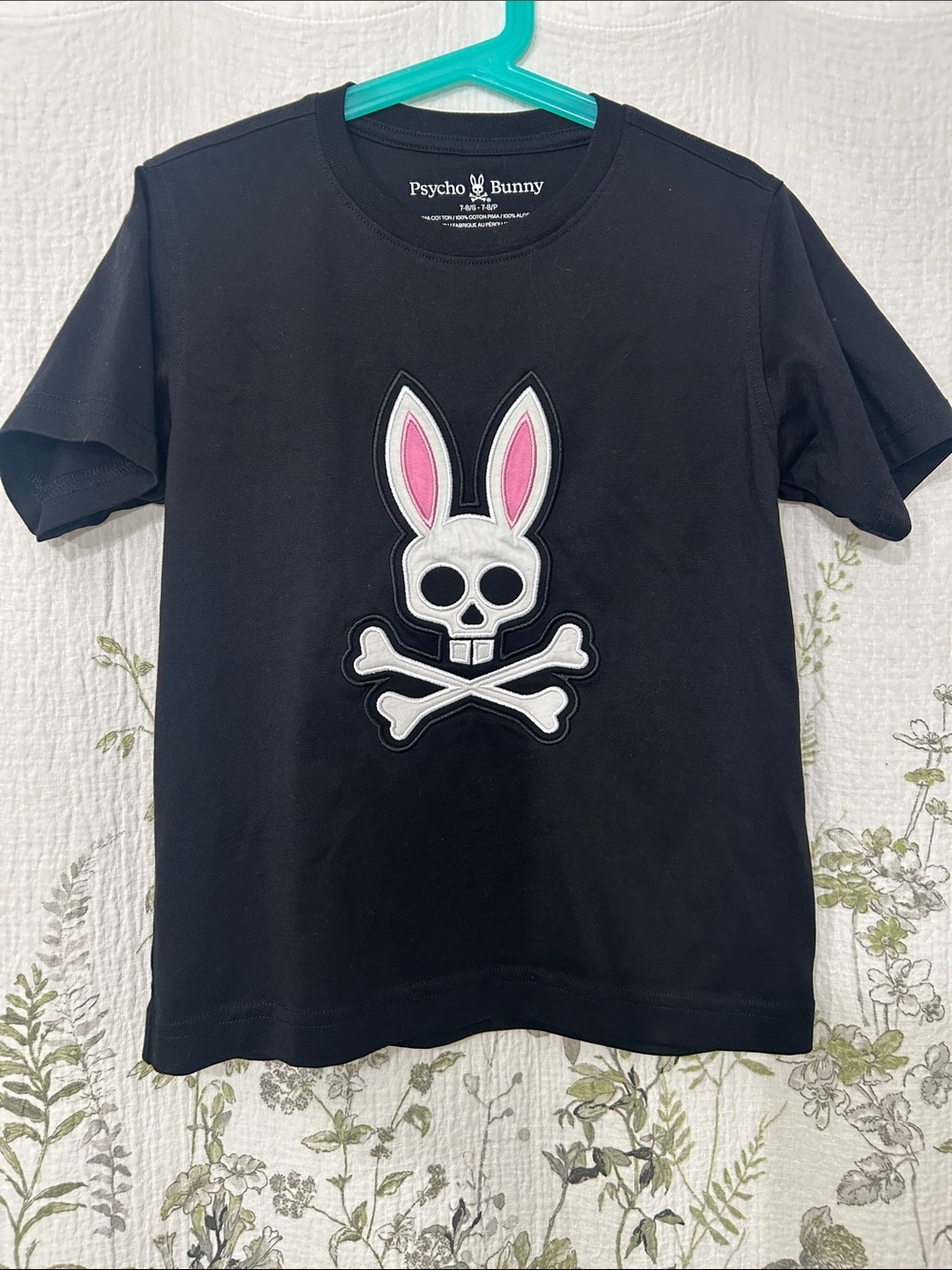 Psycho Bunny Unisex Black Tee with Pink-Eared Skull Patch size 7-8